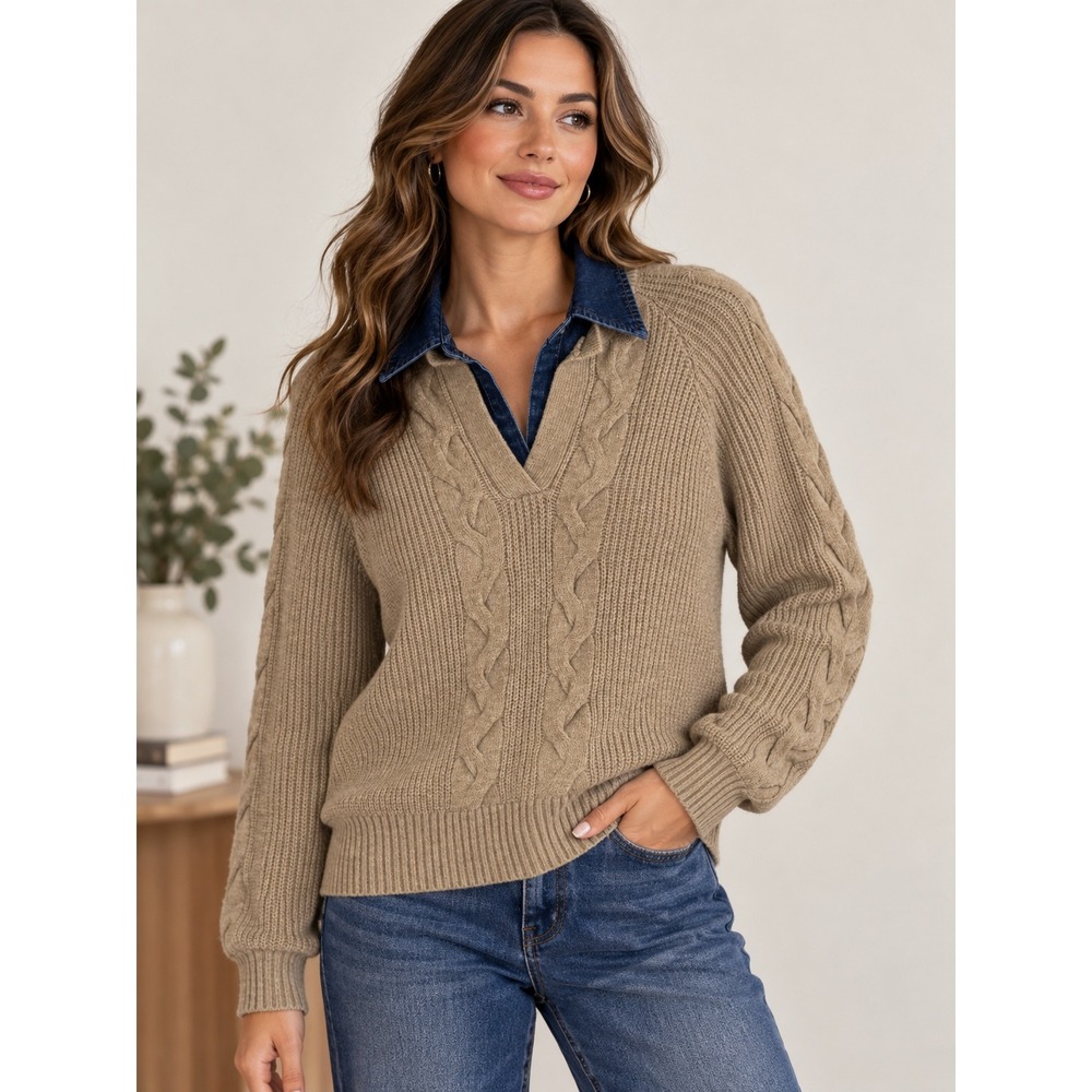 Women Tan Cable Knit Sweater with Integrated Denim Collar V-Neck Pullover Size S